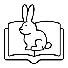 Rabbit at book thin line icon, love animals tale concept. Vector graphics. Opened book and sitting bunny sign on white background, linear style for mobile or design.