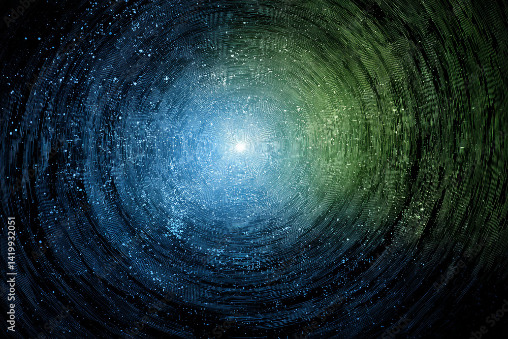 Poster abstract concentric circles in blue and green hues, radiating from a central light source, creating 