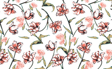 Seamless flower pattern. Textile print and hand flower pattern design  on the dark blue background. Seamless pattern design for textile. For textile and fashion. Hand flower pattern design. 