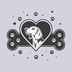 Beagle Dog Portrait in Heart – Black and White Minimalist Silhouette with Bone Frame & Paw Prints in Cute Symmetrical Vector Style