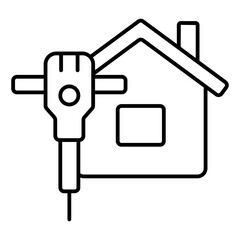 Jackhammer at house thin line icon, construction work concept. Vector graphics. Cottage building with electric hammer, tool sign on white background, linear style for mobile or design.