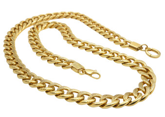 A gold chain with a thick, interlocking design, showcasing its shiny surface against a black background.