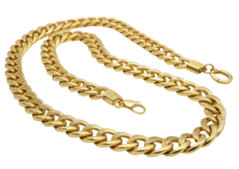 A gold chain with a thick, interlocking design, showcasing its shiny surface against a black background.