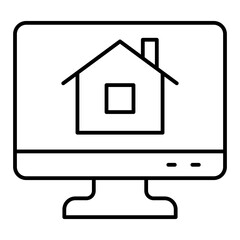 House at monitor screen thin line icon, real estate concept. Vector graphics. Display with cottage building sign on white background, linear style for mobile or design.