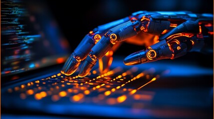 On a laptop, a robotic hand types on the keyboard, the background a blur, and the screen's edge glowing with a soft blue light