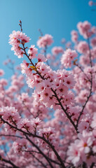 Vibrant pink cherry blossoms bloom brightly against a clear blue sky. AI Generated