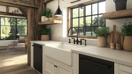 Cozy kitchen interior with natural light and plants