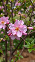 Delicate pink blossom unfolds in serene garden nook, flora, nature, peaceful garden