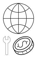 Globe, wrench, and coin with dollar sign representing global economy, business, repair, and maintenance. Ideal for technology, economy, service support commerce sustainability simple landing page