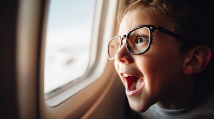 A young boy with glasses is looking out the window of an airplane