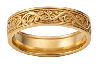 A beautifully designed gold wedding band featuring intricate patterns and a polished finish, symbolizing love and commitment.