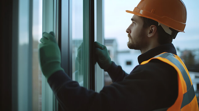 Construction worker sealing windows on building site. Featuring focus and attention to detail