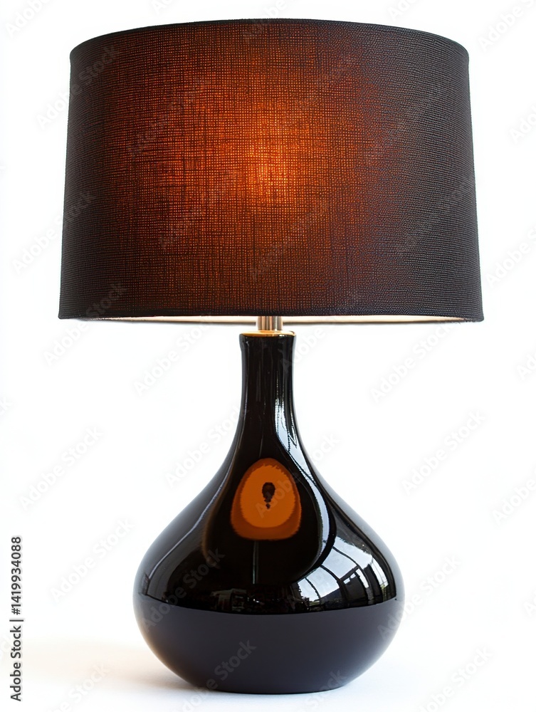 Poster black table lamp with a textured shade and a unique base. the lamp is illuminated, casting a warm gl