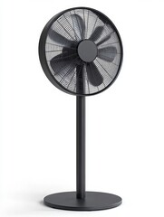 Obraz premium Black standing fan with circular blades on a white background.
