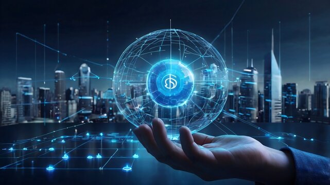 A hand holds a glowing digital sphere with futuristic HUD elements over a smart city skyline, symbolizing tech, finance, and connectivity