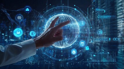 A hand interacts with a futuristic digital interface featuring a holographic globe, data icons, and smart tech elements in a high-tech environment