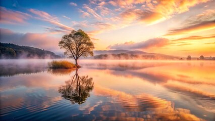 Fototapeta premium Serene Sunrise Solitary Tree Reflecting in Calm Mist-Shrouded Lake Waters at Dawn