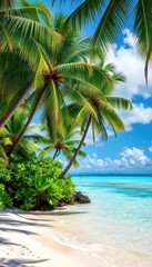 Fototapeta premium Lush tropical beach with turquoise water and white sand, palm trees swaying gently, heaven, peaceful, vacation