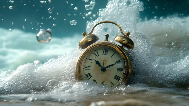 An antique alarm clock underwater with floating air bubbles in a dramatic setting