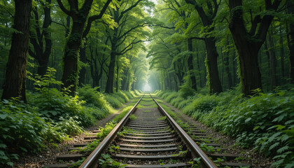 Obraz premium Railway Through Verdant Forest with Sunlight at End