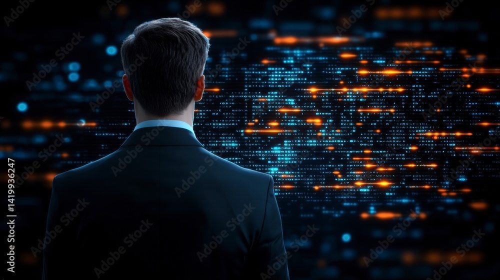 Poster businessman stands before a large screen displaying flowing streams of binary code, lit in warm oran