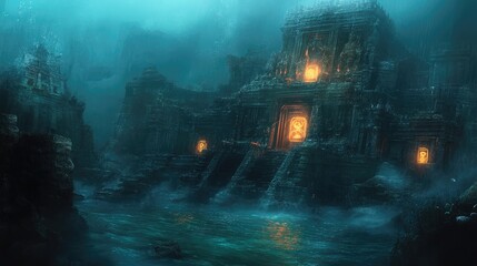A ruined temple submerged in the ocean, glowing symbols flickering beneath the surface like whispers from the past.