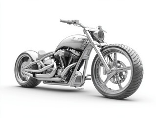 Chrome custom motorcycle on white background, three quarter view, detailed design.