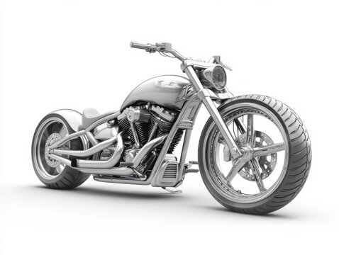 Chrome custom motorcycle on white background, three quarter view, detailed design.