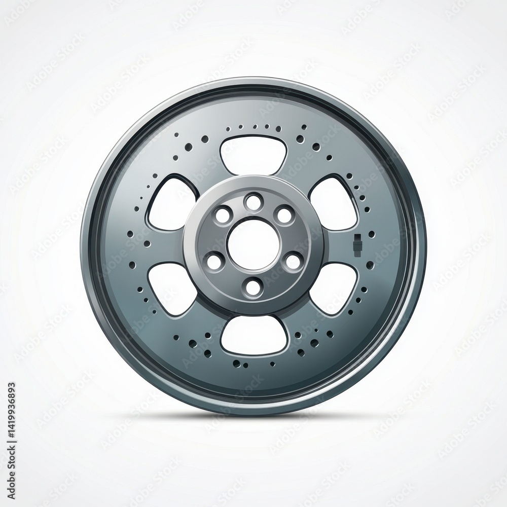Aufkleber close up view of a circular metallic automotive part, featuring a central hub and evenly spaced perf