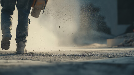 Construction worker spraying concrete for surface leveling. Featuring precision and strength
