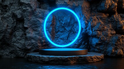 Obraz premium A modern interior setting features a round platform situated against an illuminated blue circle backdrop for display purposes
