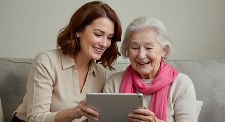 A heartwarming moment as a grandmother and granddaughter enjoy using a tablet together, sharing smiles and laughter.