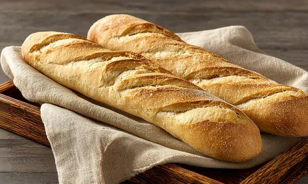 Freshly baked golden crusty baguettes on a wooden tray with a beige linen cloth, ready to serve