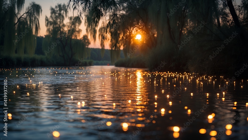 Poster sunset reflection on river with floating lights and weeping willow trees