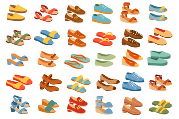 Big set of summer shoes. Trendy summer shoes.