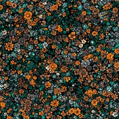 Seamless Teal Orange Small Flowers Pattern Textile Print