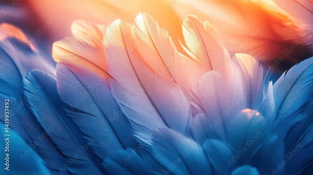 Poster close up detail of soft colored bird feathers illuminated from above