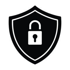 Silhouette of a lock overlaid on a shield on white background