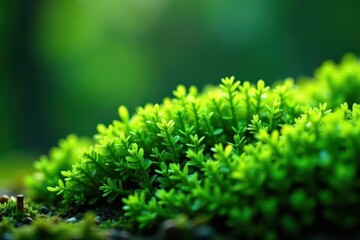 Emerald moss, glistening dew drops, vibrant green, flora, growth