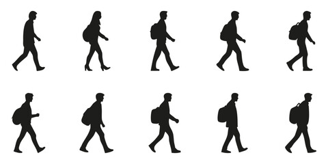 Fototapeta premium Silhouettes Of People Walking With Backpacks Set. Urban Commuting And Travel Concepts Isolated Vector Illustration Collection