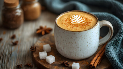 Close-up of a frothy cappuccino with latte art, served in a white ceramic mug, surrounded by a cinnamon stick, sugar cubes, and a linen napkin, set on a rustic wooden table