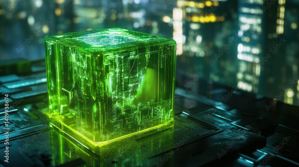 Poster a glowing green cube displaying digital information in a city