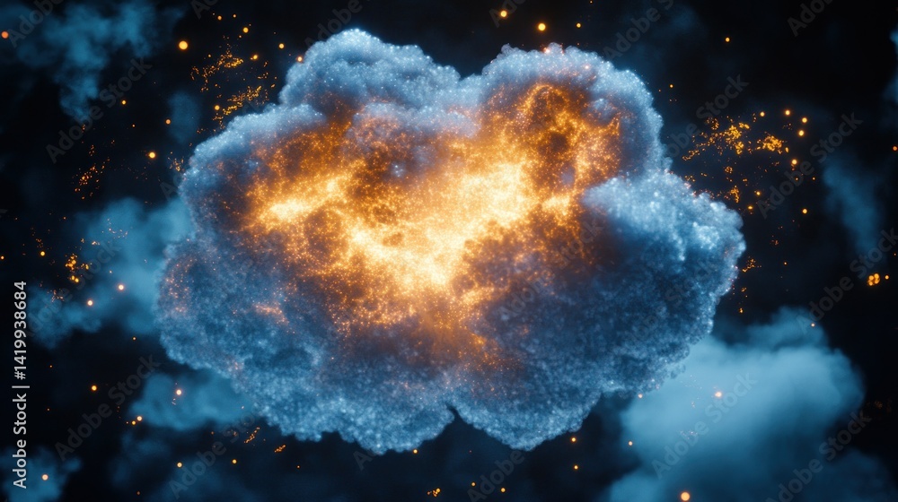 Poster an illuminated cloud with sparkles against a dark background