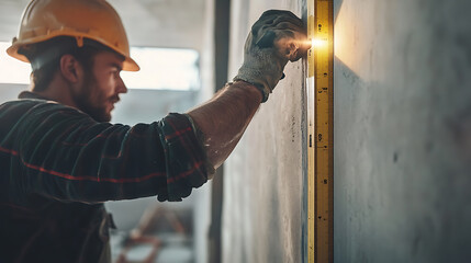 Construction worker using a laser level to measure a wall. Featuring precision and modern technology