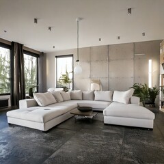 Living room with a modular white sofa, minimalist decor, and concrete floor for an urban look