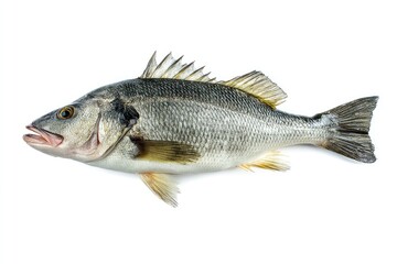 Fototapeta premium Fresh gray fish, whole, lies on a white background.