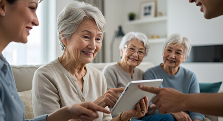Fototapeta premium Elderly women engaging with a tablet, learning digital skills with the help of a young instructor in a cozy living room.