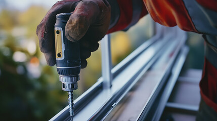 Construction worker using drill to secure screws on frame. Featuring attention to detail and tool usage
