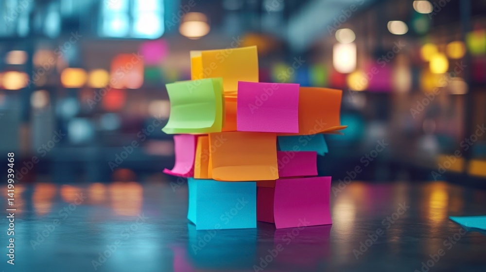 Aufkleber stack of colorful sticky notes on a dark surface, blurred background with warm lighting.
