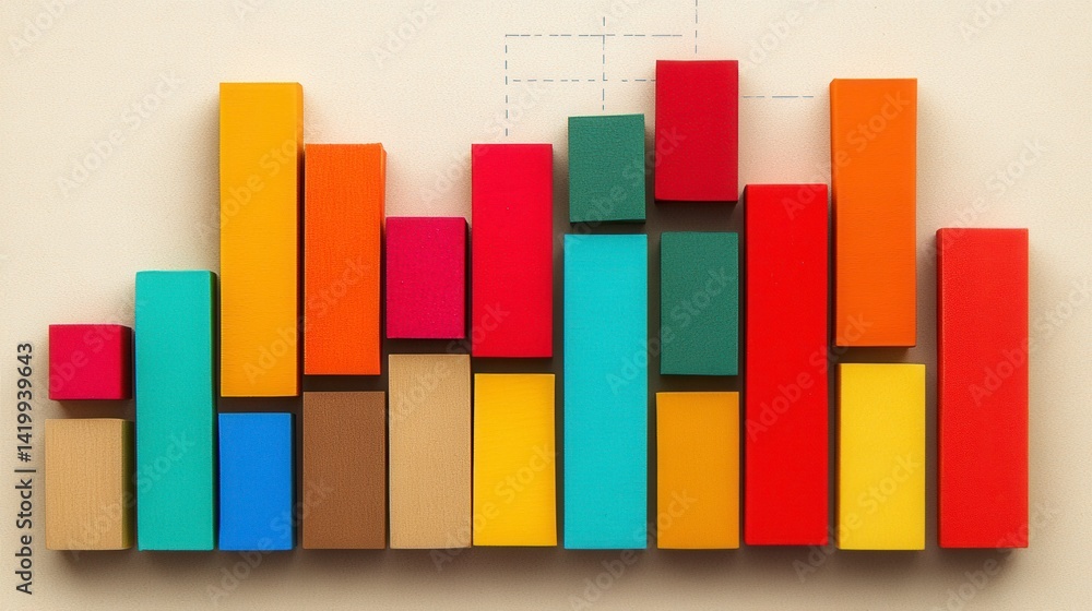 Poster colorful wooden blocks arranged in a bar graph pattern on a beige background. the blocks vary in hei